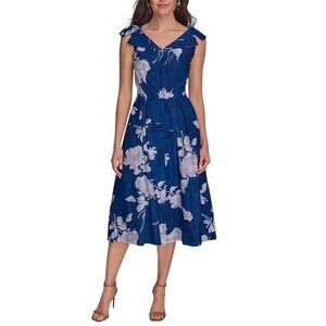 Donna Karan Floral Linen Blend Dress A Line Blue V Neck Button Front Size 2